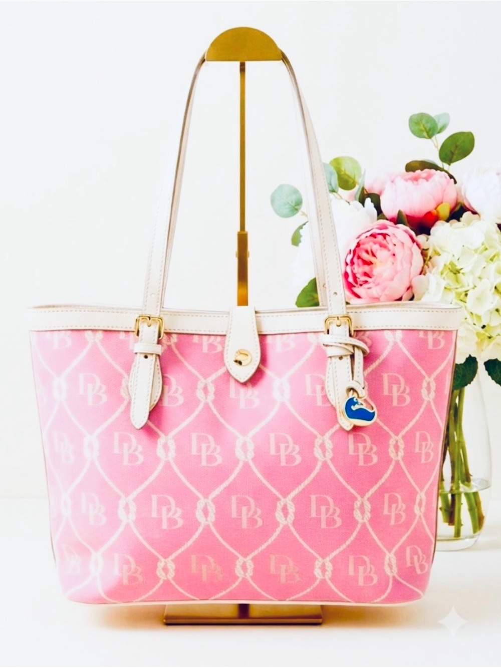 Dooney & Bourke vintage Nautical Rope Monogram Tote pink & white - blue duck